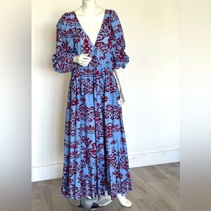 Sexy Blue/Red Ikat print Maxi Dress, front and back deep V-neck, Italy, size M